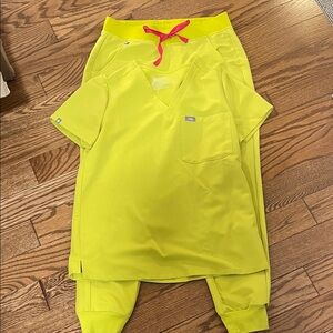 Figs Neon Yellow Scrub Set with Pink Accent